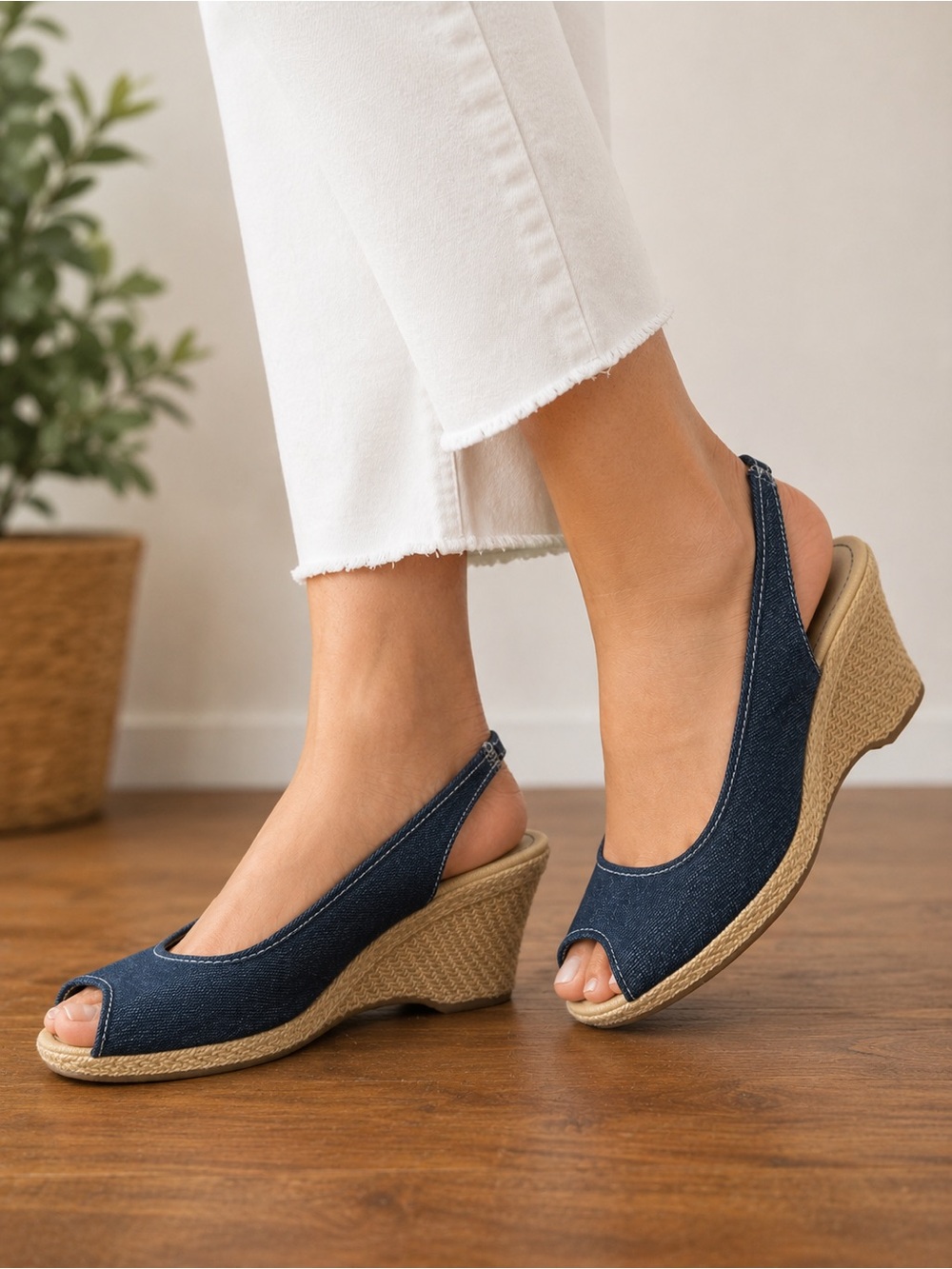 Montego Bay Club Denim Peep Toe Wedge Sandals Sz 7